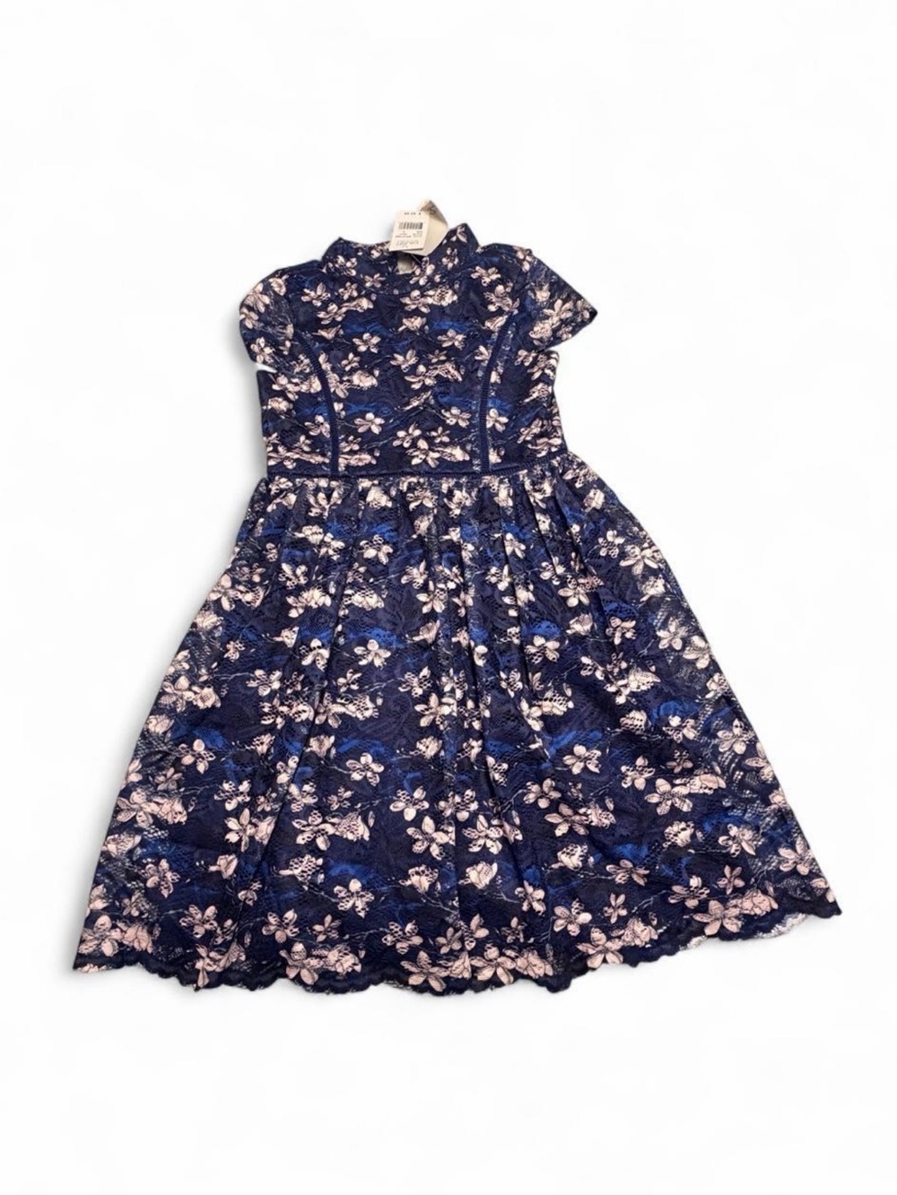 Us Angels Navy and Pink Floral Lace Fit-and-Flare Dress